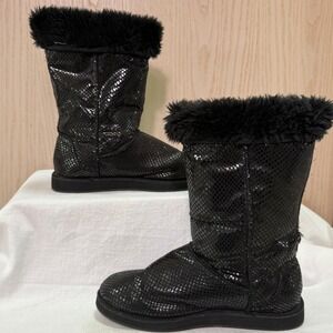 Black Faux Fur Trimmed Glitter faux Snakeskin Winter Boots Women Size 7